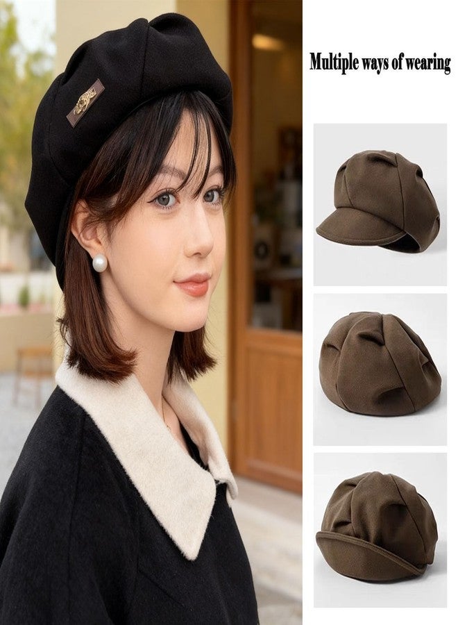 huablo Women's Folds Wool Newsboy Cap - Soft Brim, Convertible to Beret Style - Vintage Octagonal hat - Black - Image 3